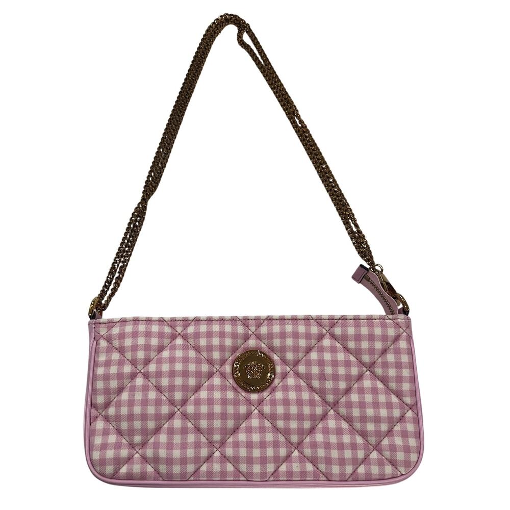 15-91 VERSACE SS2022 Quilted Gingham Medusa Shoulder Bag Pink 5"Hx9"Lx1.75"W